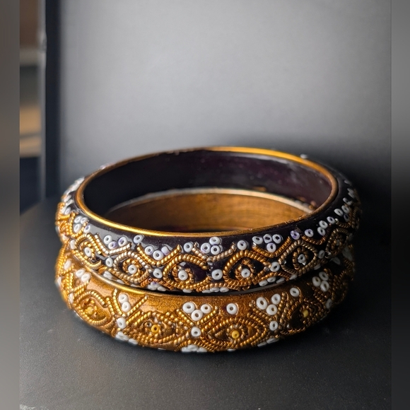 Hand Beaded Wood Bangles Gold White Seed Bead Boho Luxe Artisan Global Artisan - Picture 3 of 5